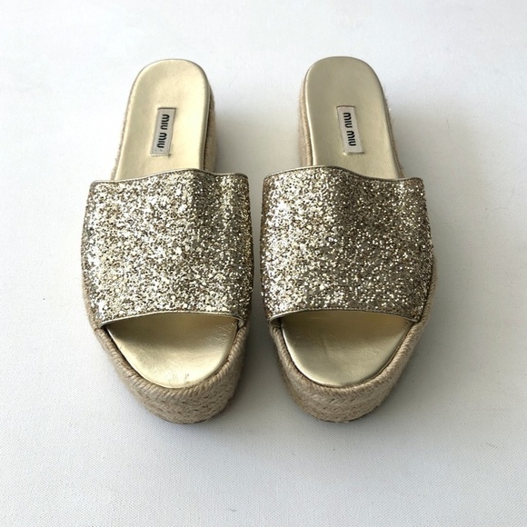 Miu Miu Gold Glitter Wedge Sandals Size 40/10 - Picture 2 of 8